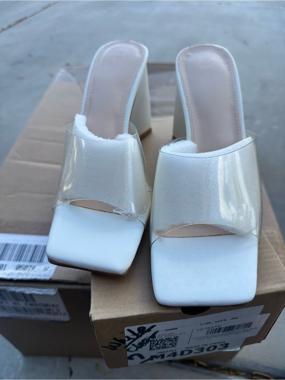 Women's White Square-Toe Clear Strap Block Heel Sandals